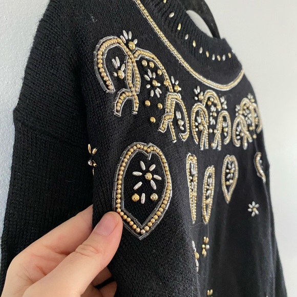 70s/80s Vintage Beaded Hearts + Flowers Wool Blend Sweater - Picture 3 of 6